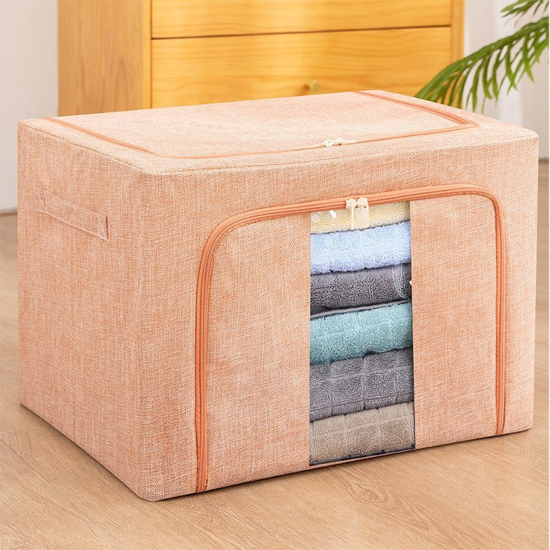 Cutie de Depozitare Pliabila, Organizator Haine si Lenjerii cu 2 Ferestre Vizuale, Cadru Metalic si Fermoar Bidirectional, Bumbac si In, 66 L, 50x40x33 cm, Roz Pudrat