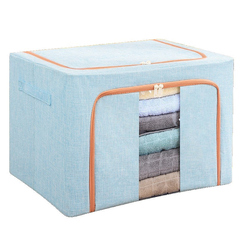 Cutie de Depozitare Pliabila pentru Haine si Lenjerii, 100 L, Cadru Metalic si 2 Ferestre de Vizualizare, Bumbac si In, 60x42x40 cm, Bleu
