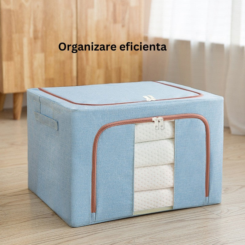 Cutie de Depozitare Pliabila pentru Haine si Lenjerii, 100 L, Cadru Metalic si 2 Ferestre de Vizualizare, Bumbac si In, 60x42x40 cm, Bleu