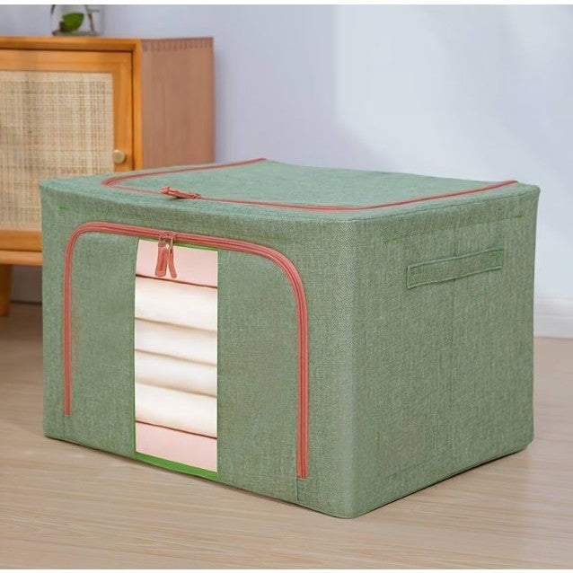 Cutie de Depozitare Pliabila, Organizator Haine cu Cadru Metalic si Fereastra, Material Textil, Capacitate 66 L, 50x40x33 cm, Verde
