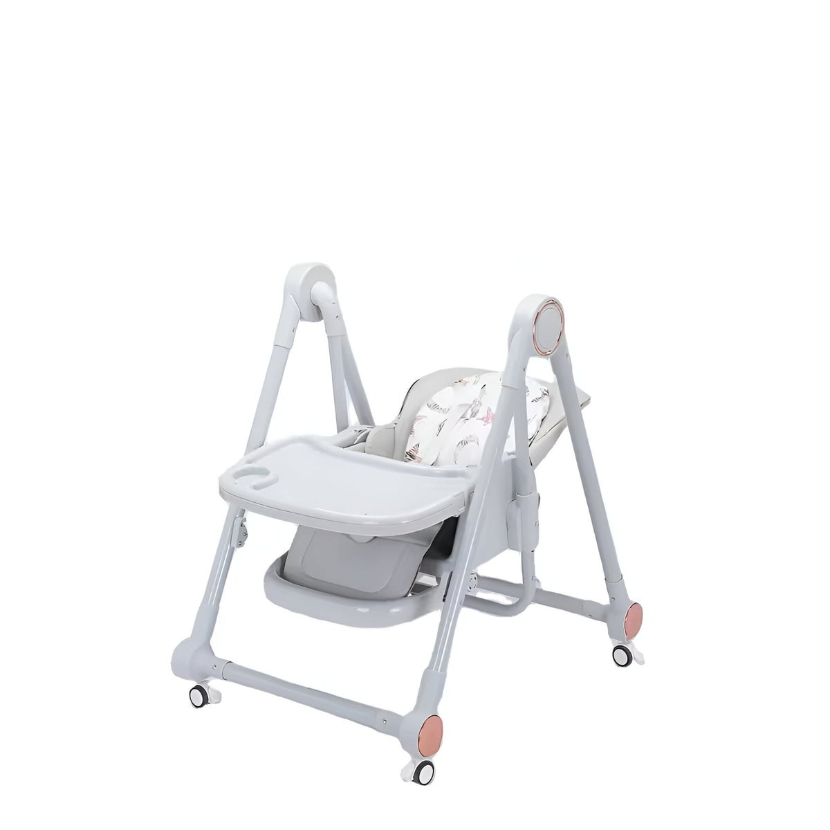 Scaun de Masa pentru Bebelusi si Copii 2 in 1, Multifunctional cu Functie Balansoar, Spatar si Inaltime Reglabil, Centura in 5 Puncte, Tavita Dubla Detasabila, Pliabil, Roti cu Blocare, Gri