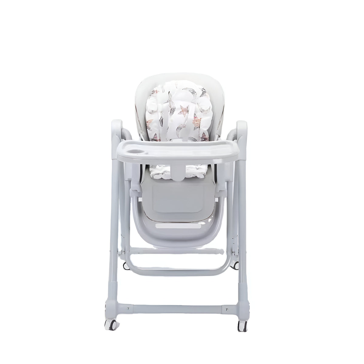 Scaun de Masa pentru Bebelusi si Copii 2 in 1, Multifunctional cu Functie Balansoar, Spatar si Inaltime Reglabil, Centura in 5 Puncte, Tavita Dubla Detasabila, Pliabil, Roti cu Blocare, Gri