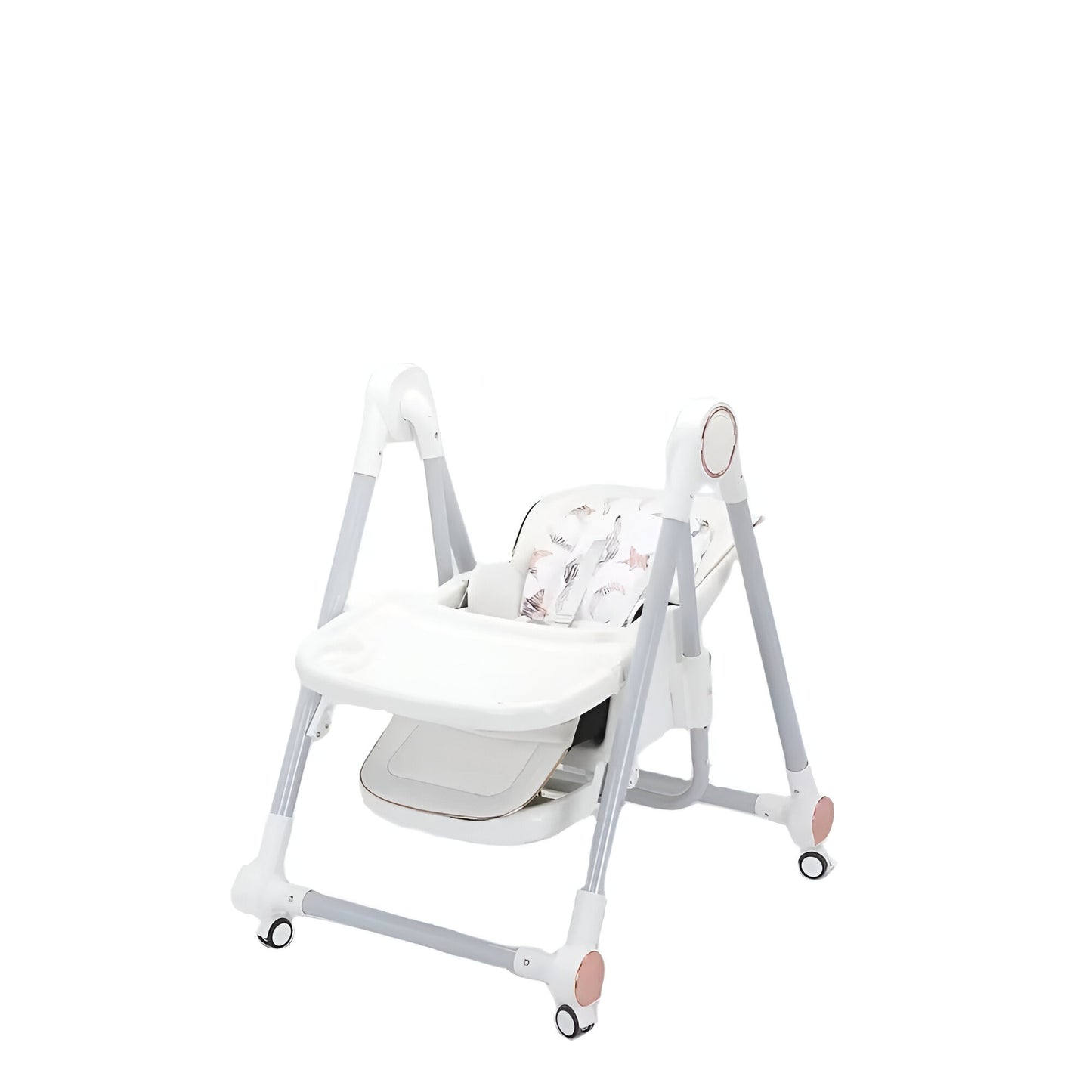 Scaun de Masa pentru Bebelusi si Copii, Multifunctional 2 in 1 cu Functie Balansoar, Spatar Reglabil si Inaltime Ajustabila, Structura Pliabila cu Roti, Centura in 5 Puncte, Tavita Dubla, Alb