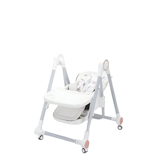 Scaun de Masa pentru Bebelusi si Copii, Multifunctional 2 in 1 cu Functie Balansoar, Spatar Reglabil si Inaltime Ajustabila, Structura Pliabila cu Roti, Centura in 5 Puncte, Tavita Dubla, Alb