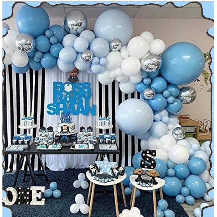 Set Arcada Baloane Baby Boss pentru Baieti, Decoratiuni Petrecere si Baby Shower, Latex, 154 Piese, Albastru, Bleu, Alb si Argintiu, 12-45 cm