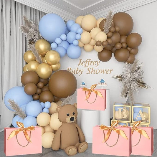 Set 107 Baloane pentru Arcada, Decoratiuni Baby Shower Baieti, Latex Rezistent, Mix Culori Albastru si Maro