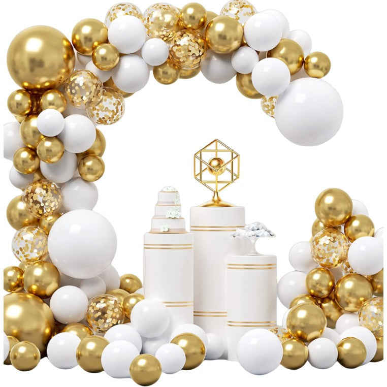 Set 127 Baloane pentru Arcada Decorativa, Kit Decor Petrecere, Latex Premium, Alb si Auriu, Dimensiuni Mixte 12-30 cm
