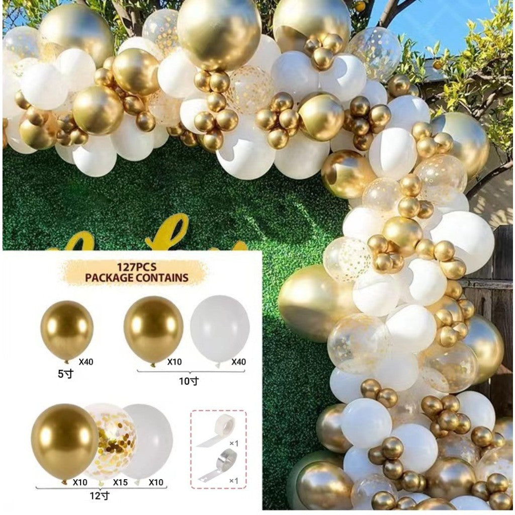 Set 127 Baloane pentru Arcada Decorativa, Kit Decor Petrecere, Latex Premium, Alb si Auriu, Dimensiuni Mixte 12-30 cm