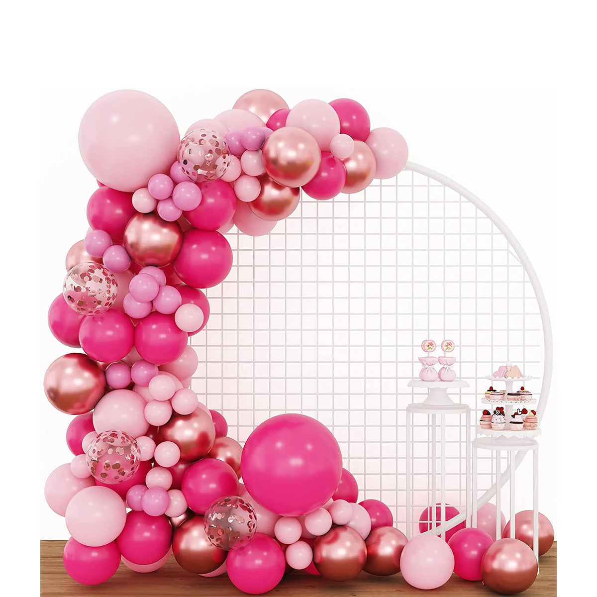 Set 126 Baloane din Latex pentru Arcada si Decor Petrecere, Kit Ghirlanda Biodegradabila, Mix Dimensiuni 12-45 cm, Roz, Roz Pal si Auriu, 126 Piese