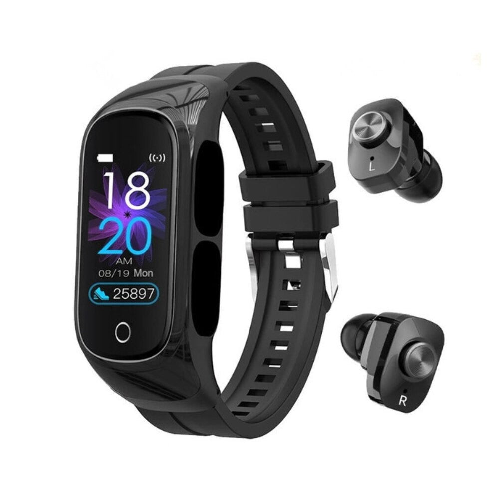 Ceas Smartwatch 2 in 1 cu Casti Bluetooth TWS Integrate, N8, Monitorizare Sanatate si Moduri Sport, Ecran 1.47 inch, Curea Silicon, Negru