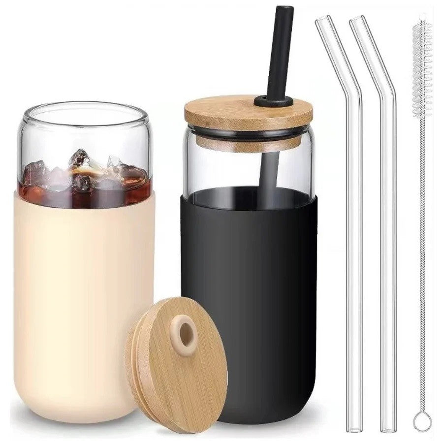 Set 2 Pahare din Sticla Termoizolanta cu Capac din Bambus si Pai, Mansoane Protectie Silicon, 500 ml, Negru si Crem