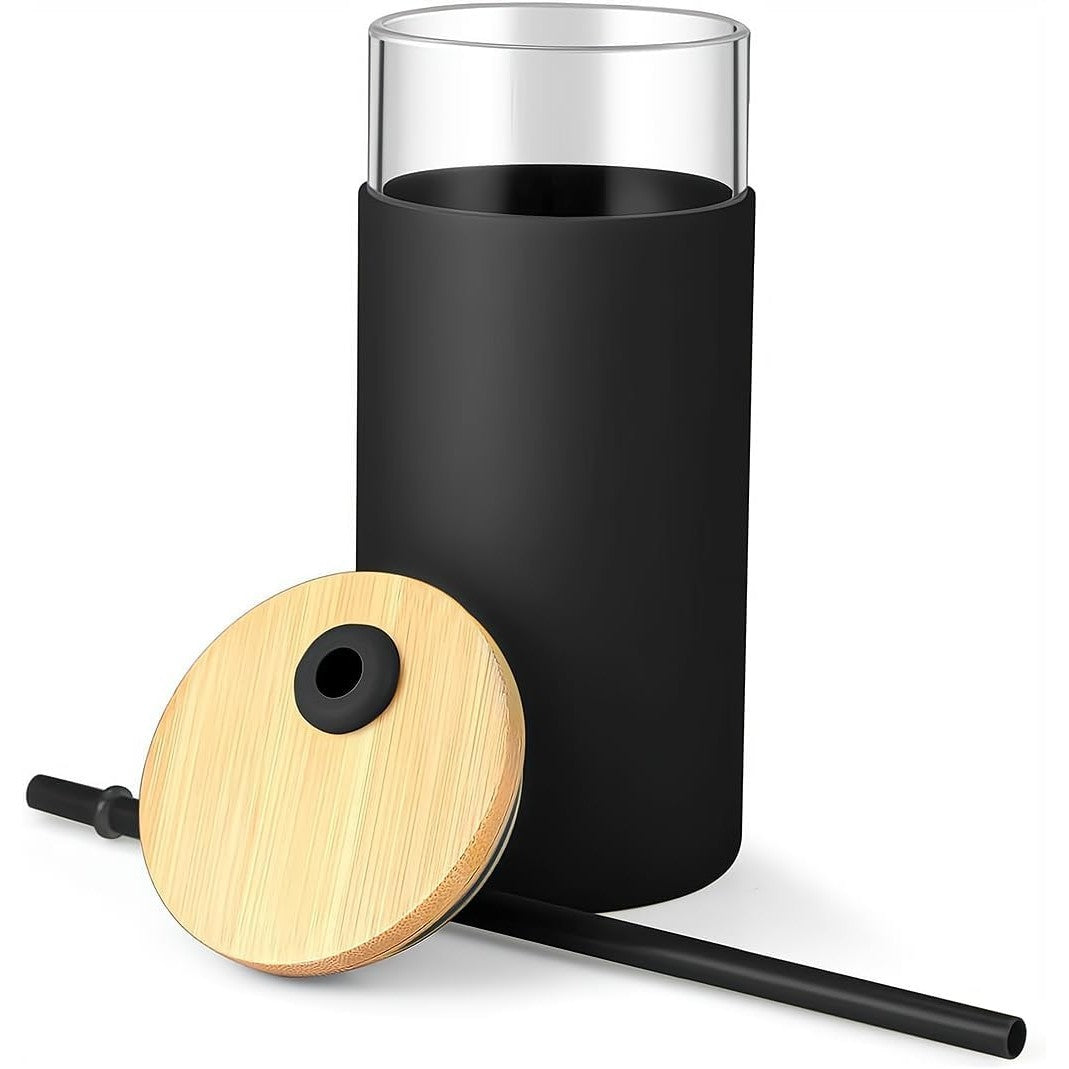 Set 2 Pahare din Sticla Termoizolanta cu Capac din Bambus si Pai, Mansoane Protectie Silicon, 500 ml, Negru si Crem