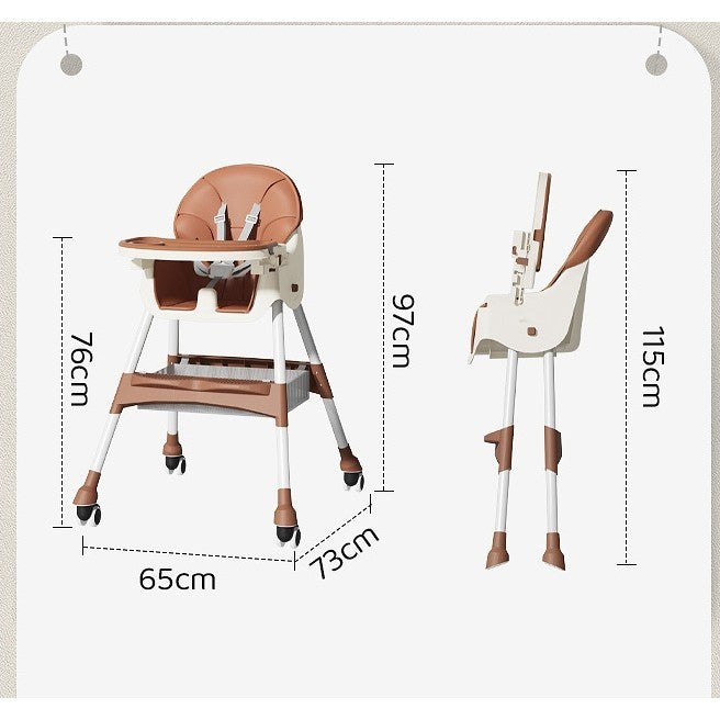Scaun de Masa pentru Bebelusi si Copii, Telescopic si Pliabil, Roti cu Blocare, Centura 5 Puncte, Tavita si Suport Picioare Reglabile, Piele Ecologica, 97x73x65 cm, Maro