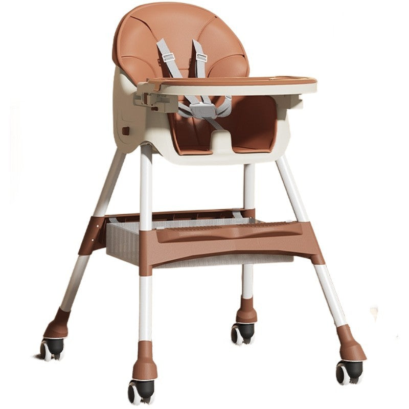 Scaun de Masa pentru Bebelusi si Copii, Telescopic si Pliabil, Roti cu Blocare, Centura 5 Puncte, Tavita si Suport Picioare Reglabile, Piele Ecologica, 97x73x65 cm, Maro