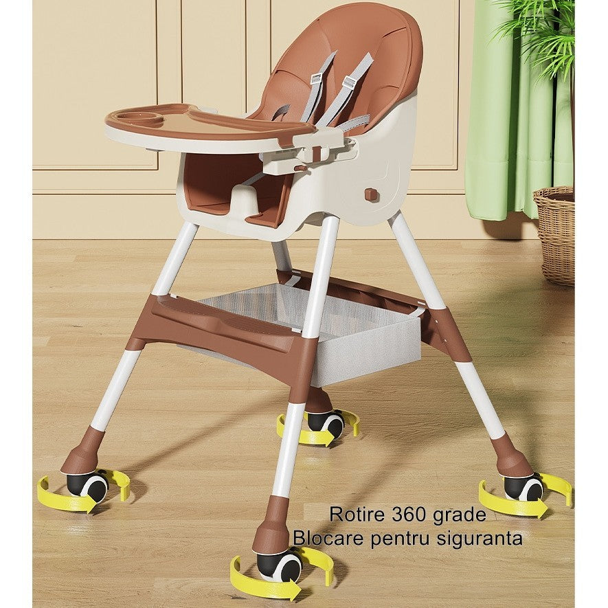 Scaun de Masa pentru Bebelusi si Copii, Telescopic si Pliabil, Roti cu Blocare, Centura 5 Puncte, Tavita si Suport Picioare Reglabile, Piele Ecologica, 97x73x65 cm, Maro