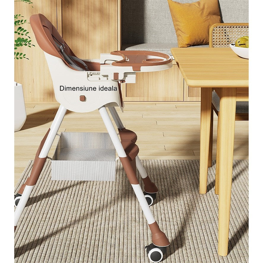 Scaun de Masa pentru Bebelusi si Copii, Telescopic si Pliabil, Roti cu Blocare, Centura 5 Puncte, Tavita si Suport Picioare Reglabile, Piele Ecologica, 97x73x65 cm, Maro