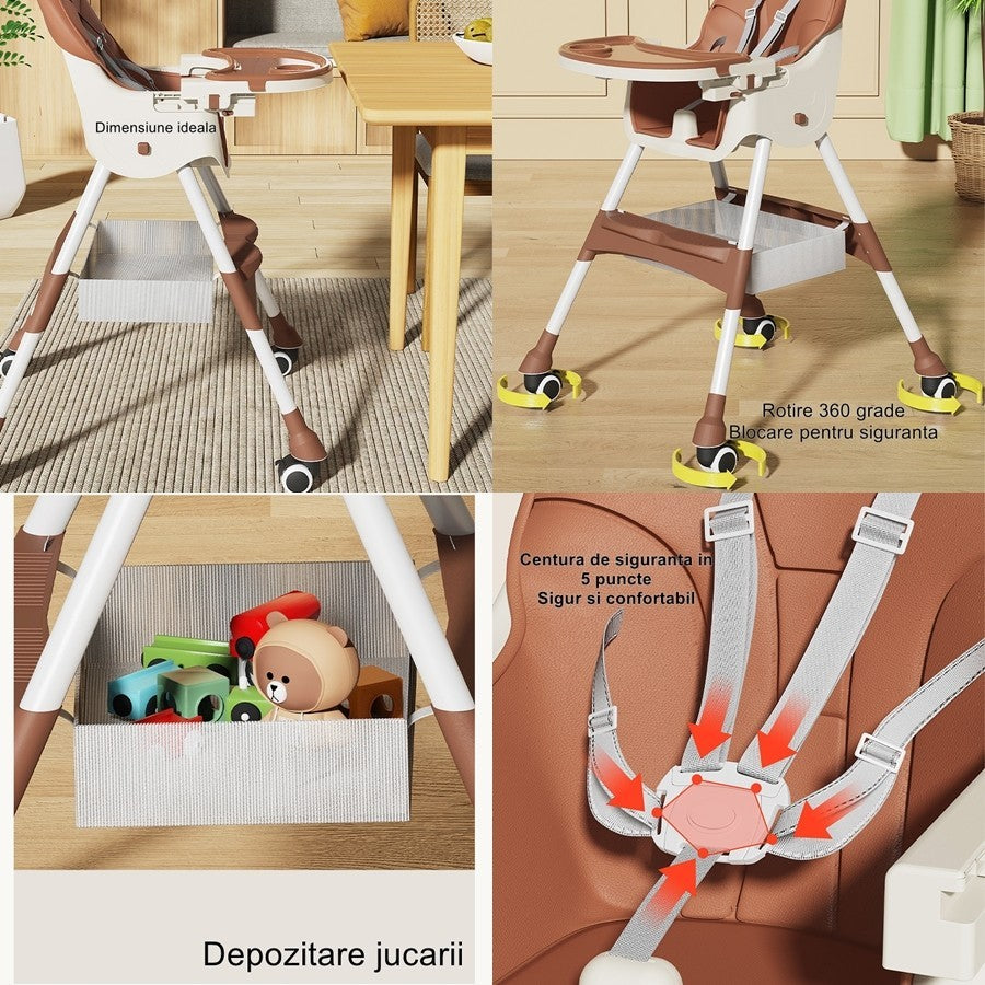 Scaun de Masa pentru Bebelusi si Copii, Telescopic si Pliabil, Roti cu Blocare, Centura 5 Puncte, Tavita si Suport Picioare Reglabile, Piele Ecologica, 97x73x65 cm, Maro