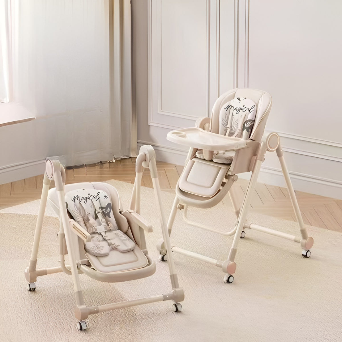 Scaun de Masa pentru Bebelusi si Copii 2 in 1, Functie Balansoar, Inaltime si Spatar Reglabil, Pliabil cu Roti, Centura in 5 Puncte, Tavita Dubla si Husa Detasabile, Bej