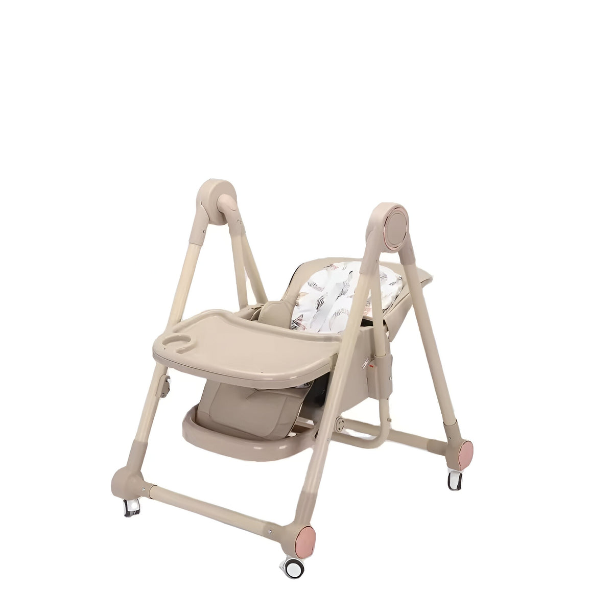 Scaun de Masa pentru Bebelusi si Copii 2 in 1, Functie Balansoar, Inaltime si Spatar Reglabil, Pliabil cu Roti, Centura in 5 Puncte, Tavita Dubla si Husa Detasabile, Bej