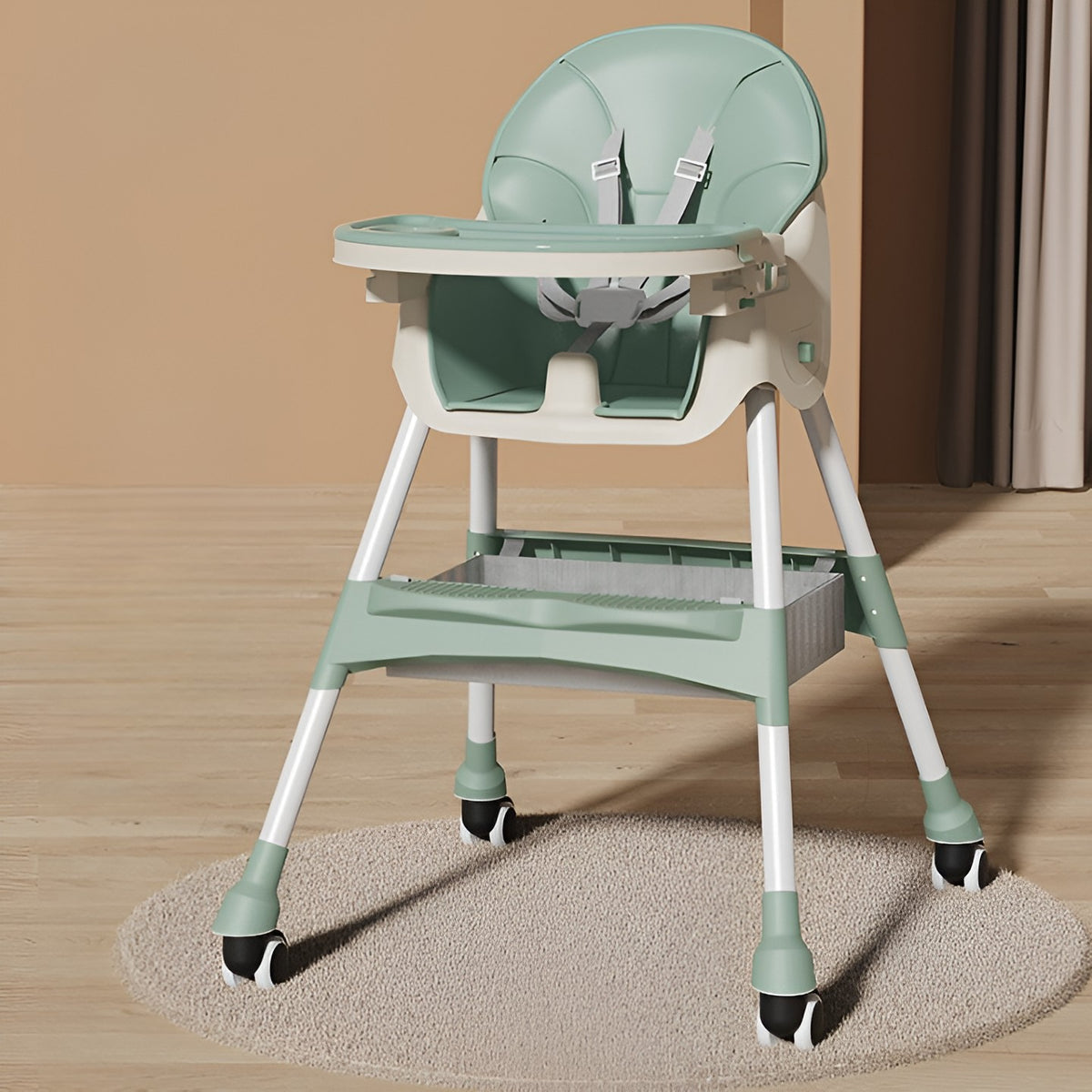 Scaun de Masa pentru Bebelusi si Copii, Telescopic si Pliabil, Roti cu Blocare, Masuta si Suport Picioare Reglabile, Piele Ecologica, Cos Depozitare, 97x73x65 cm, Verde