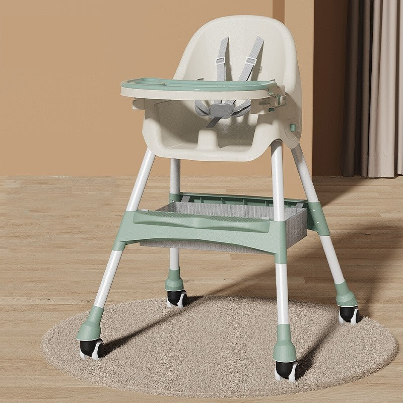 Scaun de Masa pentru Bebelusi si Copii, Telescopic si Pliabil, Roti cu Blocare, Masuta si Suport Picioare Reglabile, Piele Ecologica, Cos Depozitare, 97x73x65 cm, Verde