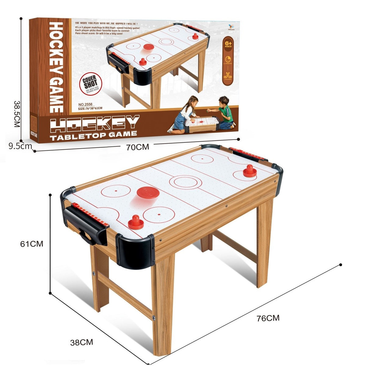 Masă Air Hockey Graffiti cu Picioare Lungi, Joc de Îndemânare cu Ventilator Electric, Structură din Lemn, Include 2 Pucuri și 2 Împingătoare, Tabela Scor, Maro, 76x38x61 cm