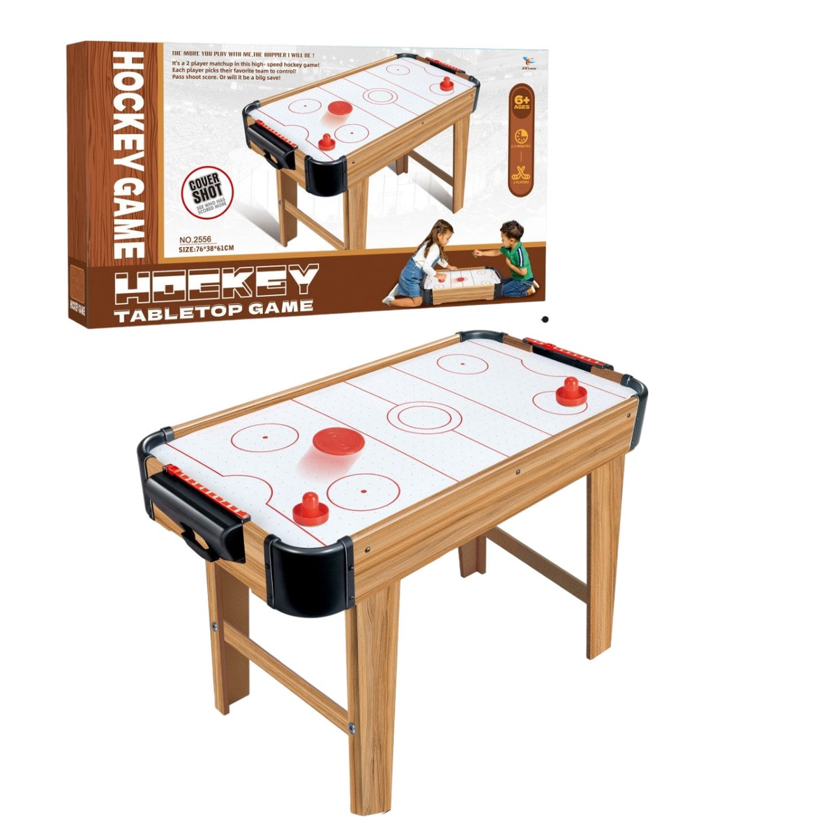 Masă Air Hockey Graffiti cu Picioare Lungi, Joc de Îndemânare cu Ventilator Electric, Structură din Lemn, Include 2 Pucuri și 2 Împingătoare, Tabela Scor, Maro, 76x38x61 cm