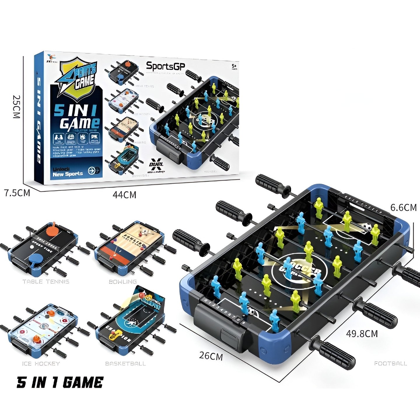 Masa de Joc 5in1 pentru Copii si Adulti, Fotbal, Baschet, Bowling, Curling si Hockey, Teren Schimbabil cu Tablou Scor, Material ABS, Design Multicolor, 49.8x26x6.6 cm