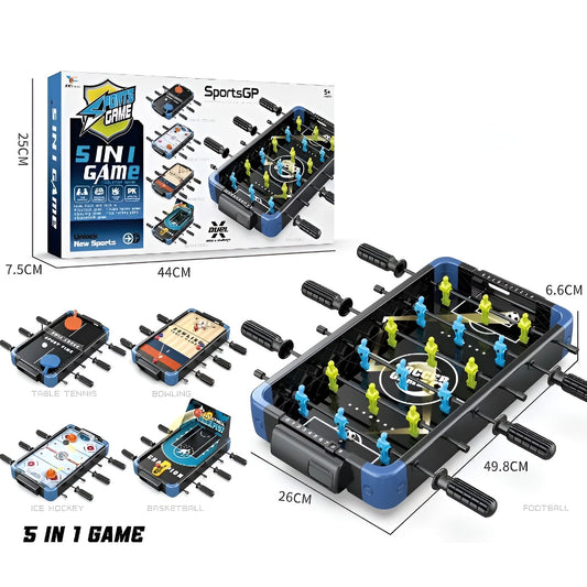 Masa de Joc 5in1 pentru Copii si Adulti, Fotbal, Baschet, Bowling, Curling si Hockey, Teren Schimbabil cu Tablou Scor, Material ABS, Design Multicolor, 49.8x26x6.6 cm