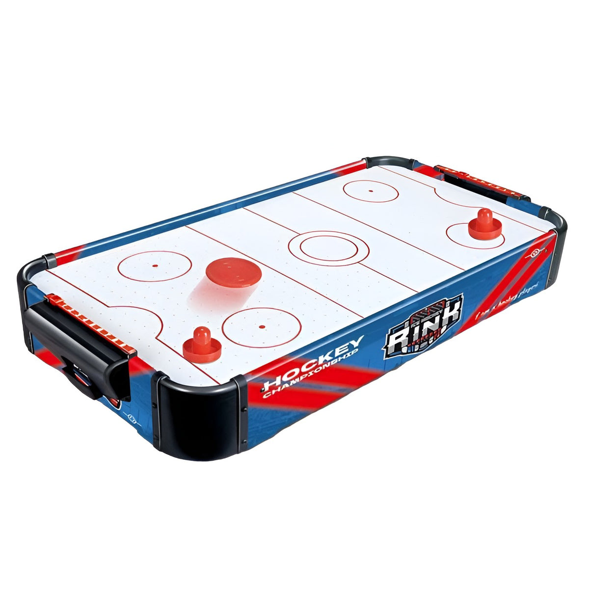 Masa Air Hockey Graffiti pentru Copii si Adulti, Model Fara Picioare cu Ventilator Electric, Tabela Scor si Accesorii Incluse, PVC, 76x38x9 cm, Albastru