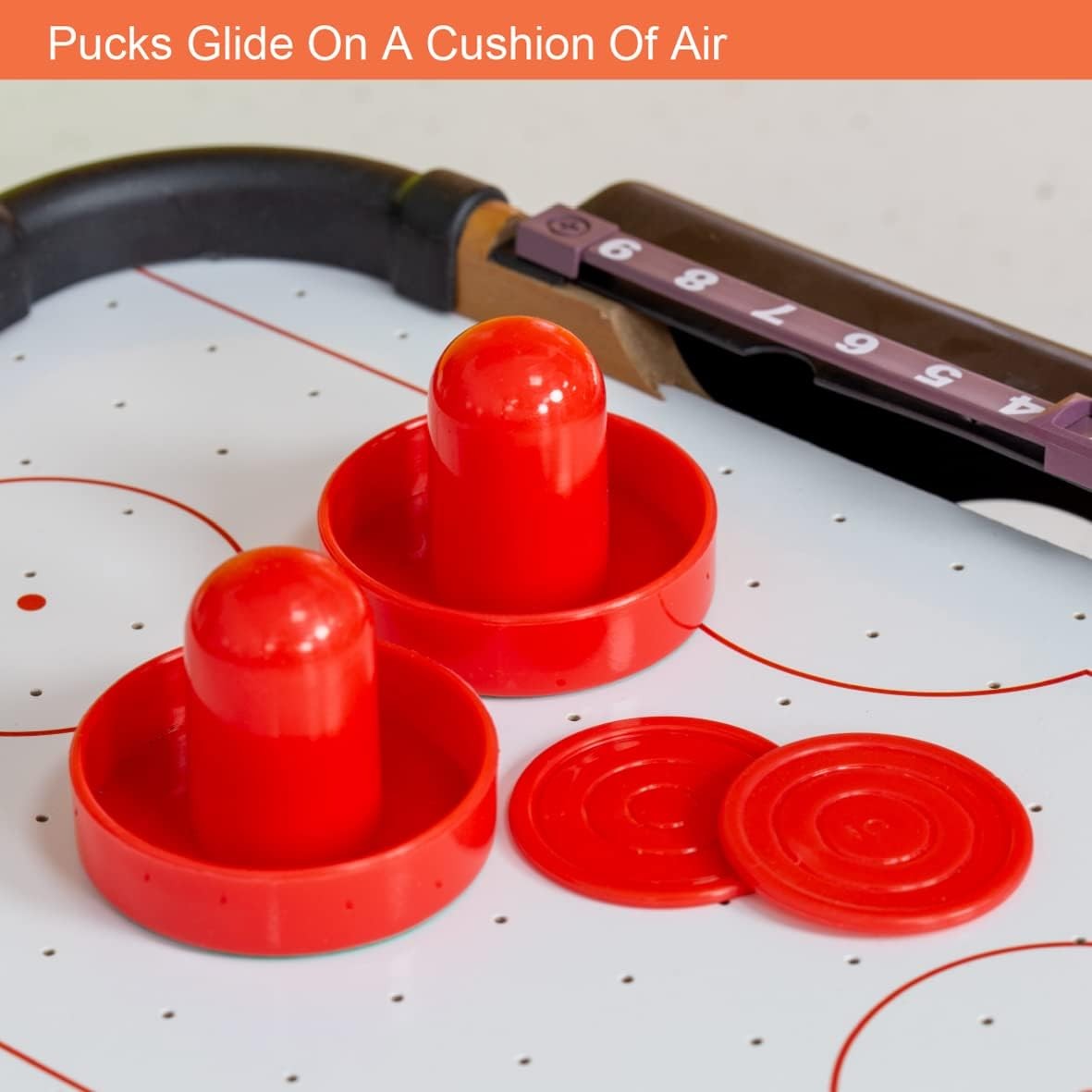 Masă Air Hockey Graffiti cu Picioare Scurte, Joc de Îndemânare cu Ventilator, Tabela de Scor, Lemn, Maro, include 2 Pucuri și 2 Împingătoare, 76x38x21.5 cm