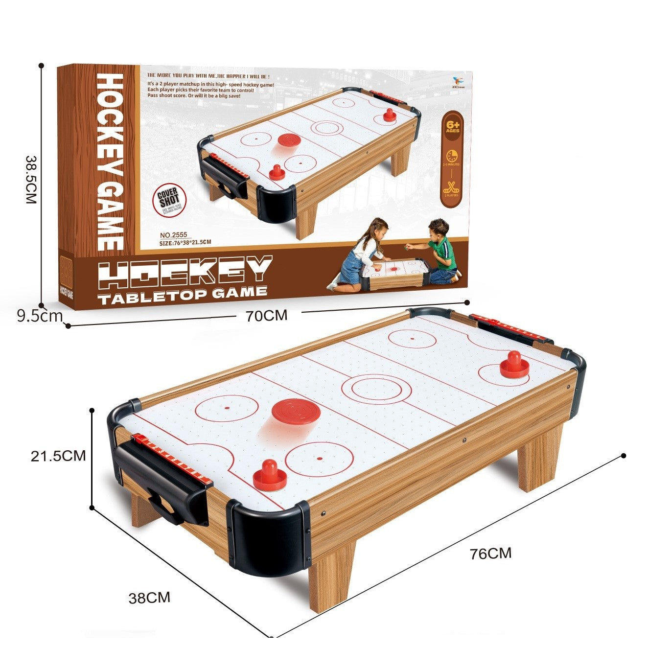 Masă Air Hockey Graffiti cu Picioare Scurte, Joc de Îndemânare cu Ventilator, Tabela de Scor, Lemn, Maro, include 2 Pucuri și 2 Împingătoare, 76x38x21.5 cm