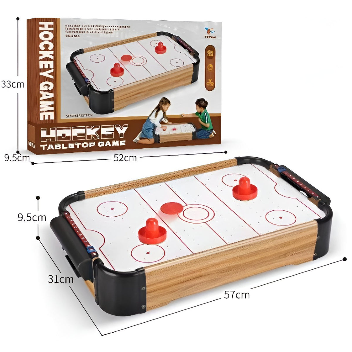 Masa Air Hockey Pentru Copii Si Adulti, Joc De Indemanare Cu Ventilator, Lemn, 2 Pucuri Si 2 Impingatoare, 57x31x9.5 cm, Maro Graffiti