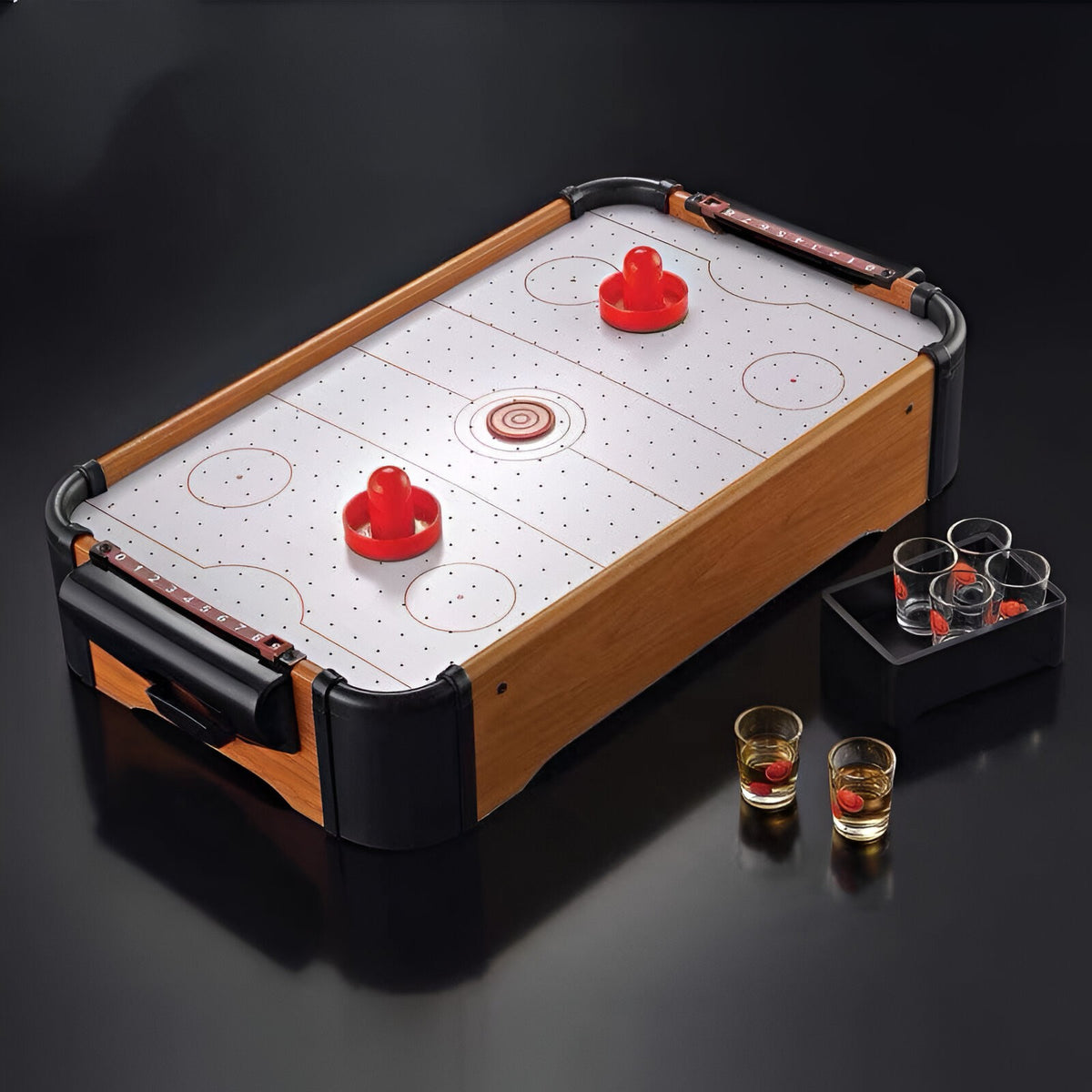 Masa Air Hockey Pentru Copii Si Adulti, Joc De Indemanare Cu Ventilator, Lemn, 2 Pucuri Si 2 Impingatoare, 57x31x9.5 cm, Maro Graffiti
