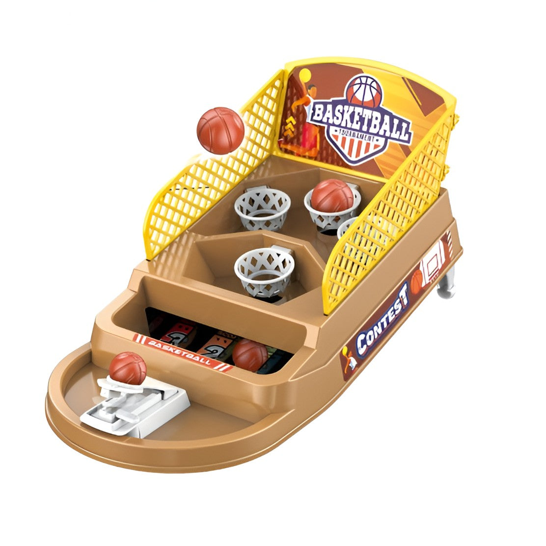 Joc de Masa Mini Baschet Interactiv, Masina de Tir Competitiva pentru Copii, Joc de Indemnare cu 4 Cosuri, Plastic, 3 Mingi Incluse, 23.5x11.5x14 cm, Maro