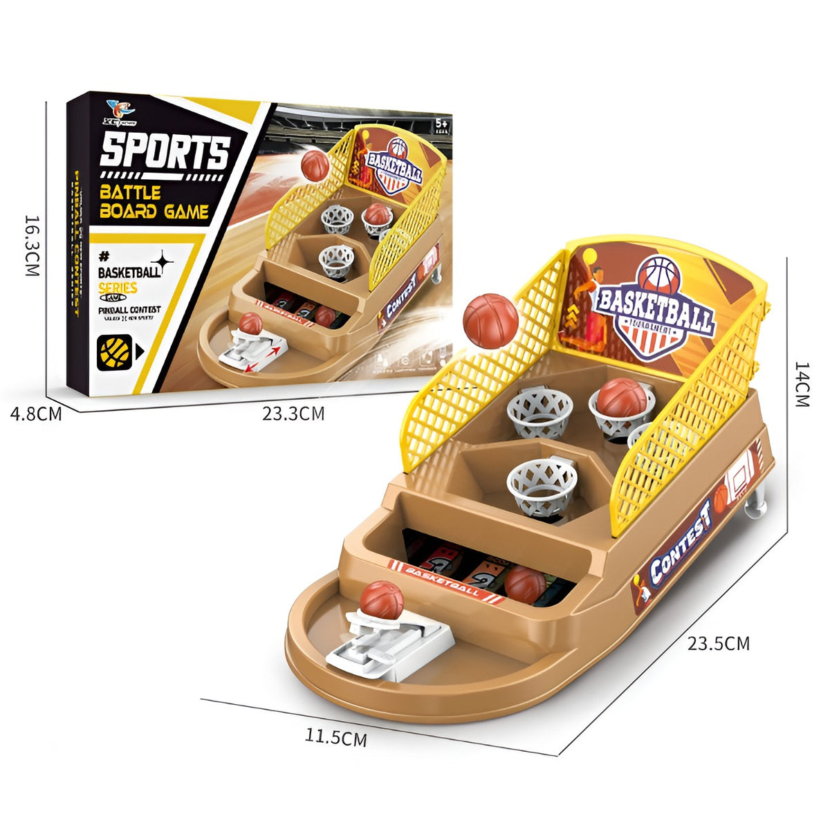 Joc de Masa Mini Baschet Interactiv, Masina de Tir Competitiva pentru Copii, Joc de Indemnare cu 4 Cosuri, Plastic, 3 Mingi Incluse, 23.5x11.5x14 cm, Maro