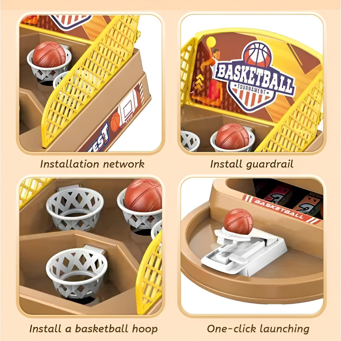 Joc de Masa Mini Baschet Interactiv, Masina de Tir Competitiva pentru Copii, Joc de Indemnare cu 4 Cosuri, Plastic, 3 Mingi Incluse, 23.5x11.5x14 cm, Maro