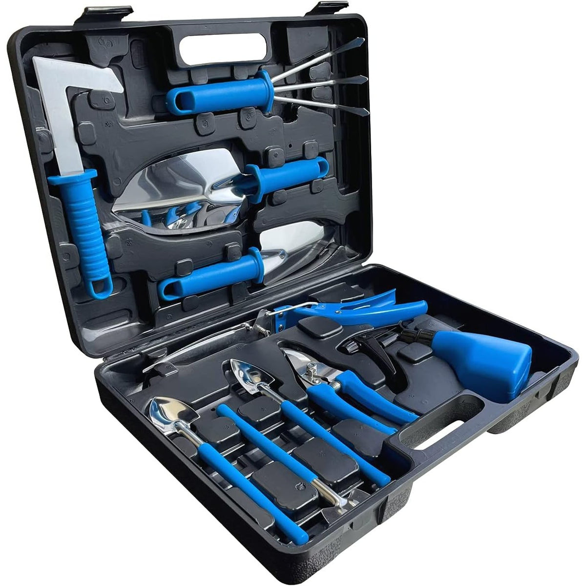 Set de Unelte de Gradina pentru Plantare si Intretinere, 10 Piese, Otel Inoxidabil si Manere Ergonomice, Cutie Depozitare Inclusa, 37x28x7 cm, Negru/Portocaliu