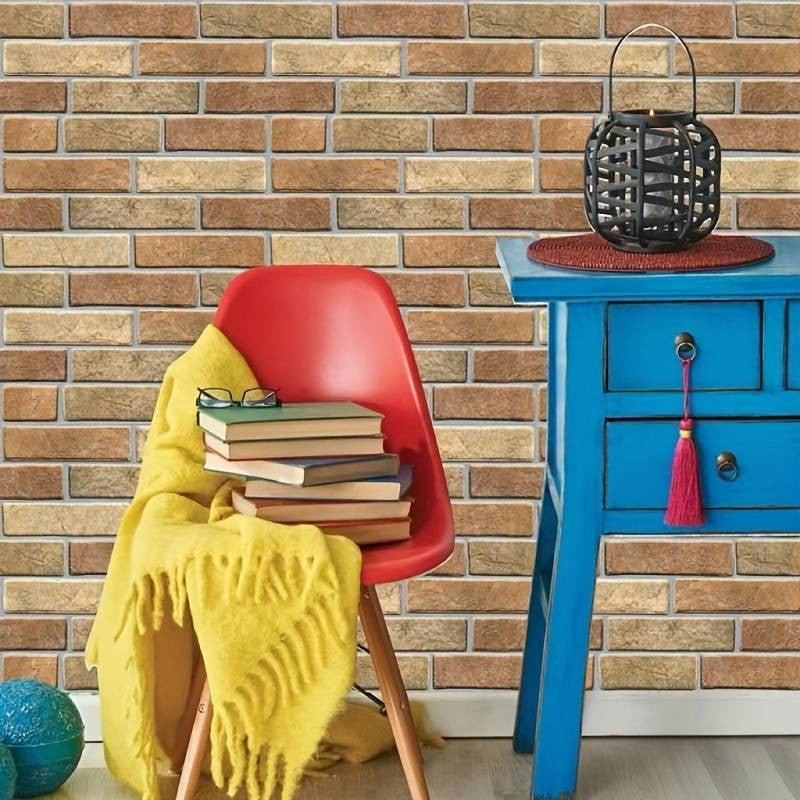 Set 10 Placi Tapet Autocolant 3D, Model Caramida de Piatra, Panouri Autoadezive Impermeabile pentru Perete, Material PVC, 30x30 cm, Maro