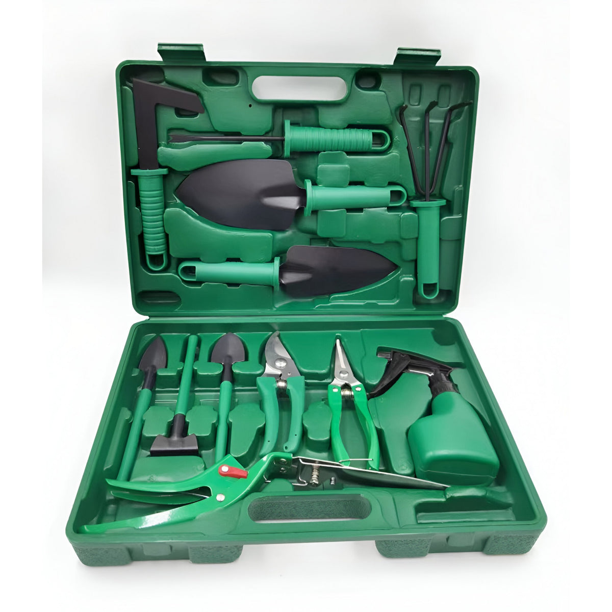 Set 12 Unelte de Gradina pentru Plantare si Ingrijire Plante, Otel A3 si Manere Ergonomice PP, Cutie Depozitare Inclusa, 38 x 29 cm, Verde Deschis
