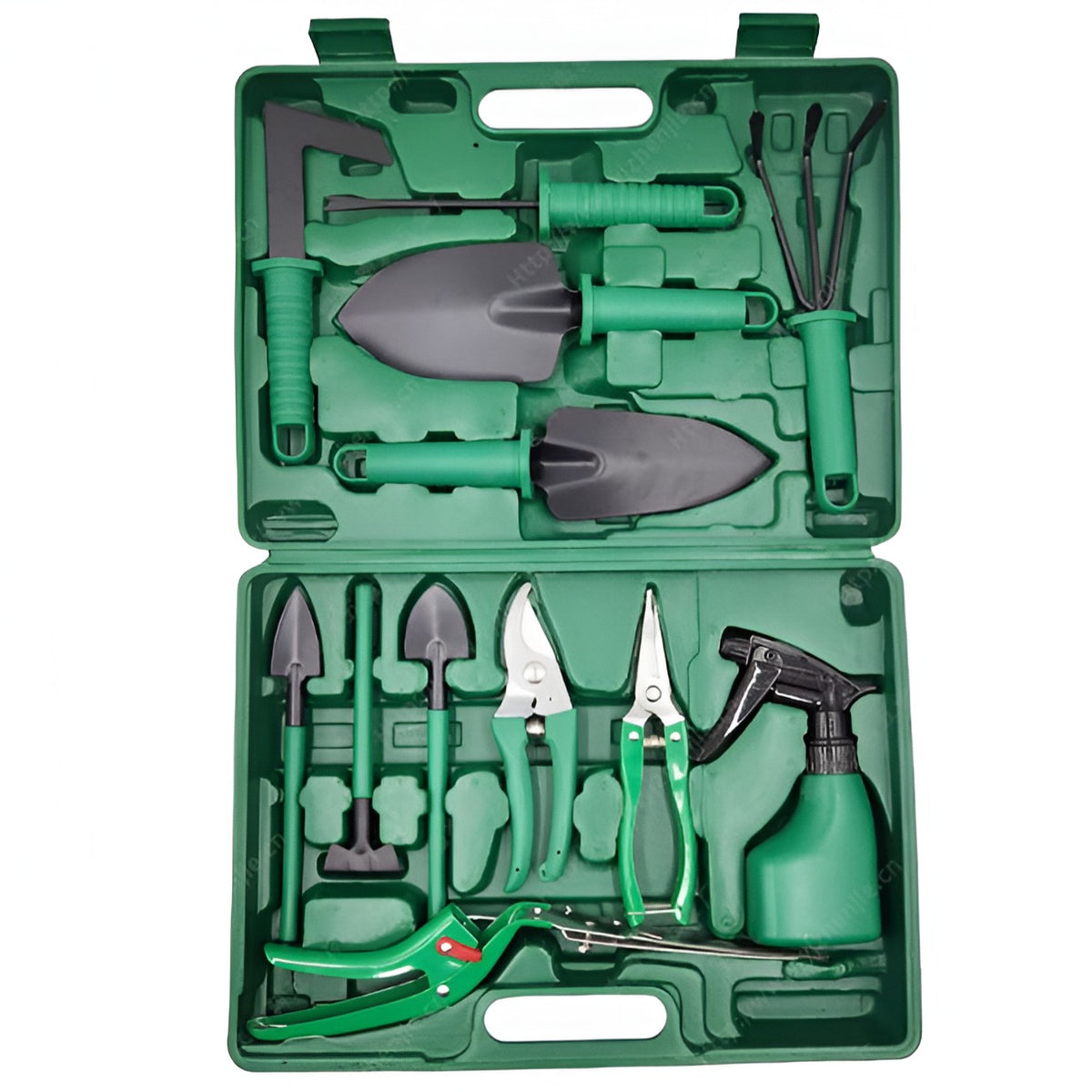 Set 12 Unelte de Gradina pentru Plantare si Ingrijire Plante, Otel A3 si Manere Ergonomice PP, Cutie Depozitare Inclusa, 38 x 29 cm, Verde Deschis
