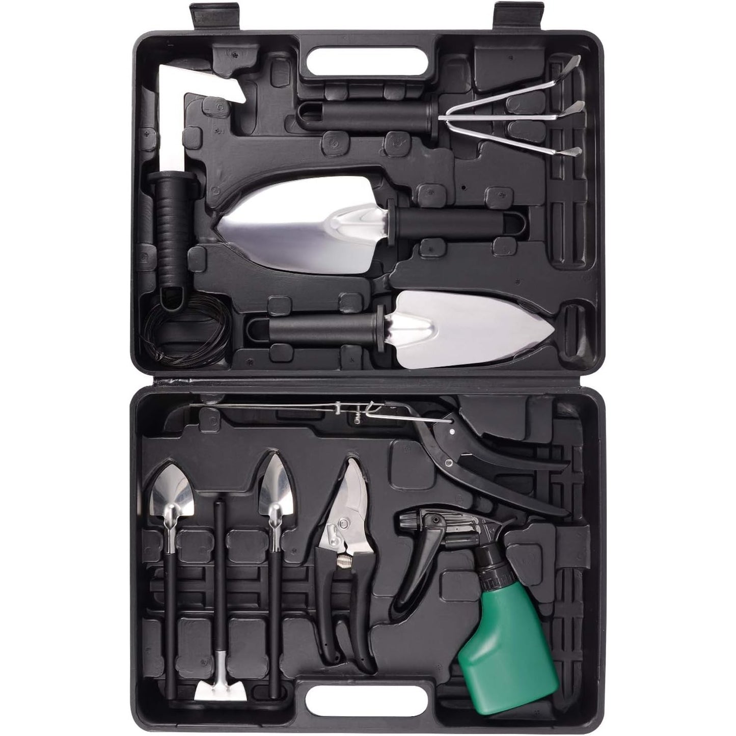 Set Unelte de Gradina pentru Plantare si Ingrijire Plante, Otel Inoxidabil si Manere Ergonomice, Cutie Depozitare Inclusa, 10 Piese, Negru/Portocaliu, 37x28x7 cm