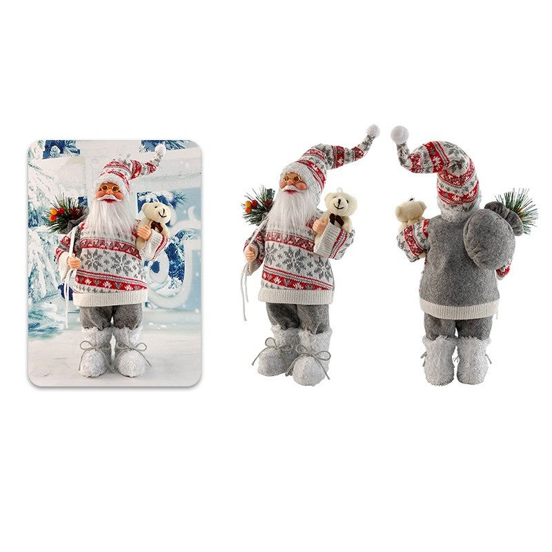 Figurina Decorativa Mos Craciun cu Flori si Urs, Decoratiune de Sarbatori Interior si Exterior, Plastic si Catifea, 30 x 17 x 10 cm, Rosu/Gri