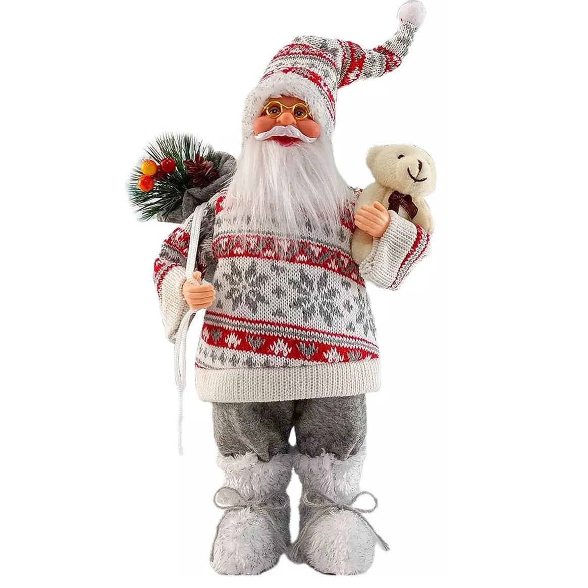 Figurina Decorativa Mos Craciun cu Flori si Urs, Decoratiune de Sarbatori Interior si Exterior, Plastic si Catifea, 30 x 17 x 10 cm, Rosu/Gri