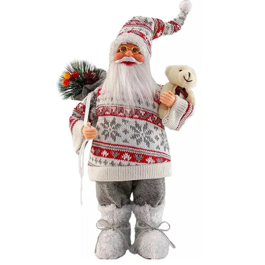 Figurina Decorativa Mos Craciun cu Flori si Urs, Decoratiune de Sarbatori Interior si Exterior, Plastic si Catifea, 30 x 17 x 10 cm, Rosu/Gri