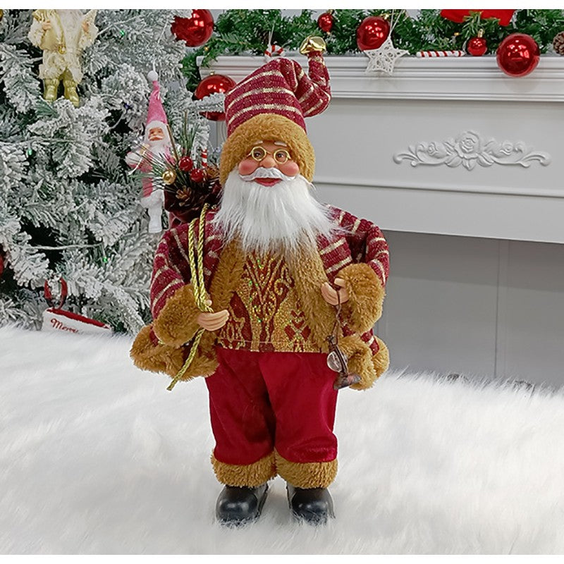 Figurina Decorativa Moș Crăciun Așezat cu Sac și Felinar, Decor Sărbători Interior și Exterior, Plastic și Textil, 35 x 18 x 20 cm, Roșu și Auriu