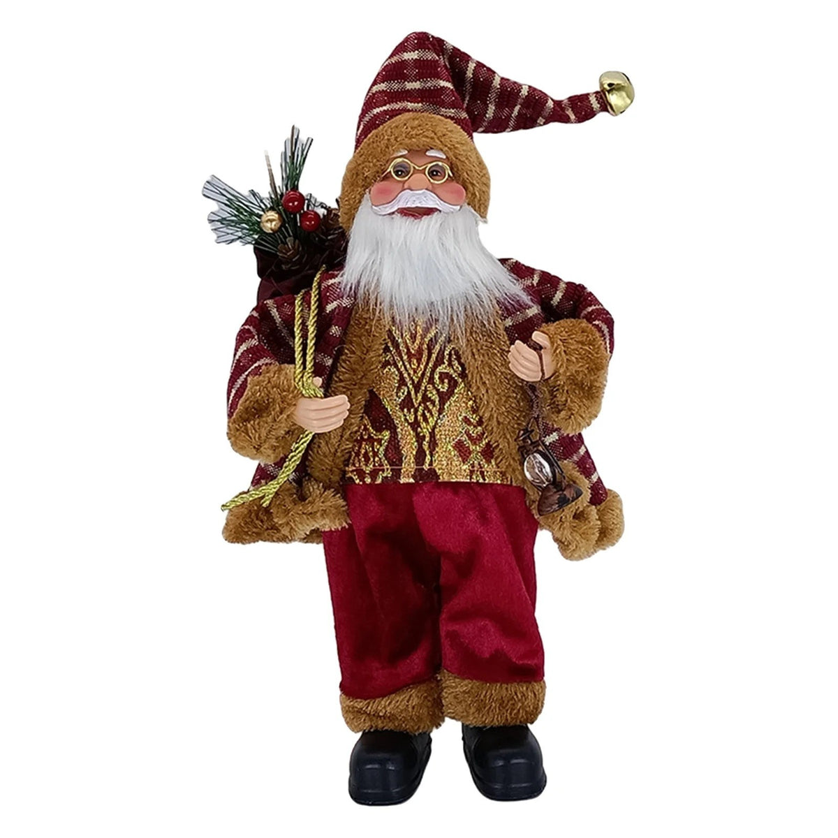 Figurina Decorativa Moș Crăciun Așezat cu Sac și Felinar, Decor Sărbători Interior și Exterior, Plastic și Textil, 35 x 18 x 20 cm, Roșu și Auriu
