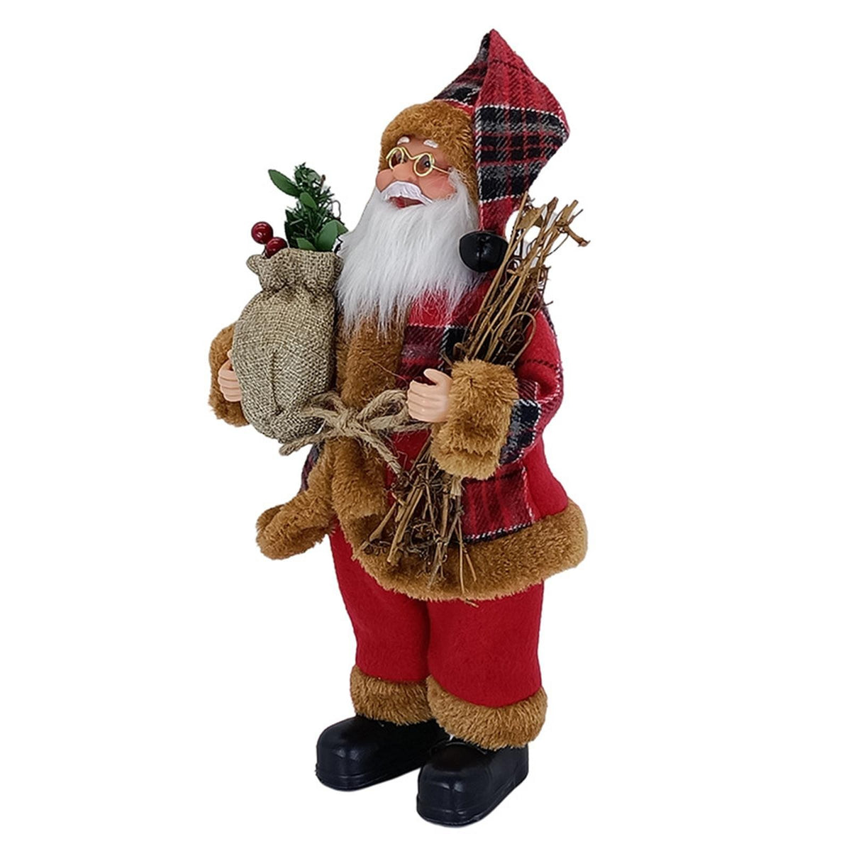 Figurina Decorativa Mos Craciun Asezat, Decoratiune Craciun cu Surcele, Interior si Exterior, Plastic si Textil, 35 x 18 x 20 cm, Rosu si Maro