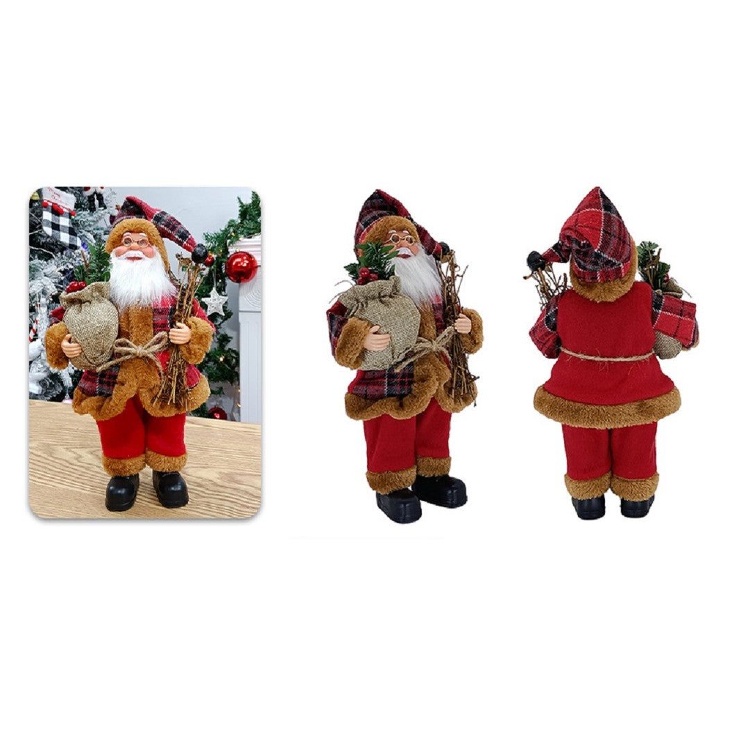 Figurina Decorativa Mos Craciun Asezat, Decoratiune Craciun cu Surcele, Interior si Exterior, Plastic si Textil, 35 x 18 x 20 cm, Rosu si Maro