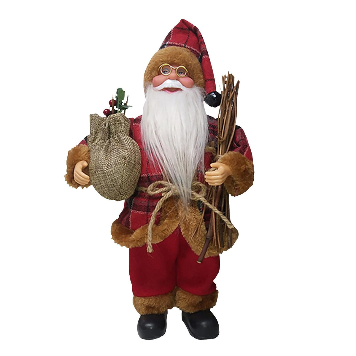 Figurina Decorativa Mos Craciun Asezat, Decoratiune Craciun cu Surcele, Interior si Exterior, Plastic si Textil, 35 x 18 x 20 cm, Rosu si Maro